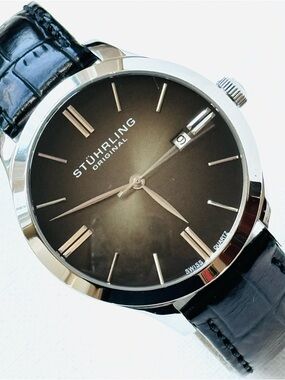 Stuhrling Original Cuvette II 4014 42mm Men's Watch Silver Black Leather